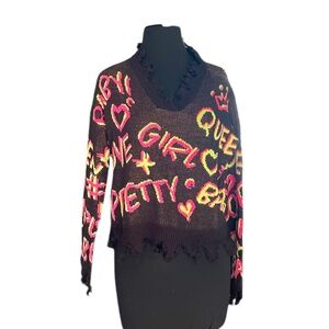 NWOT Full Circle‎ Black Sweater Women's Small Neon Yellow Pink Pretty Queen Love